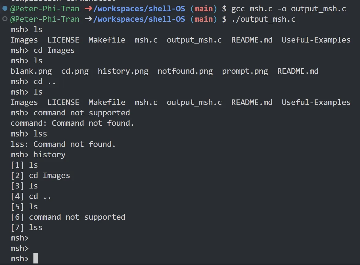 Screenshot of some of the test commands in the shell.