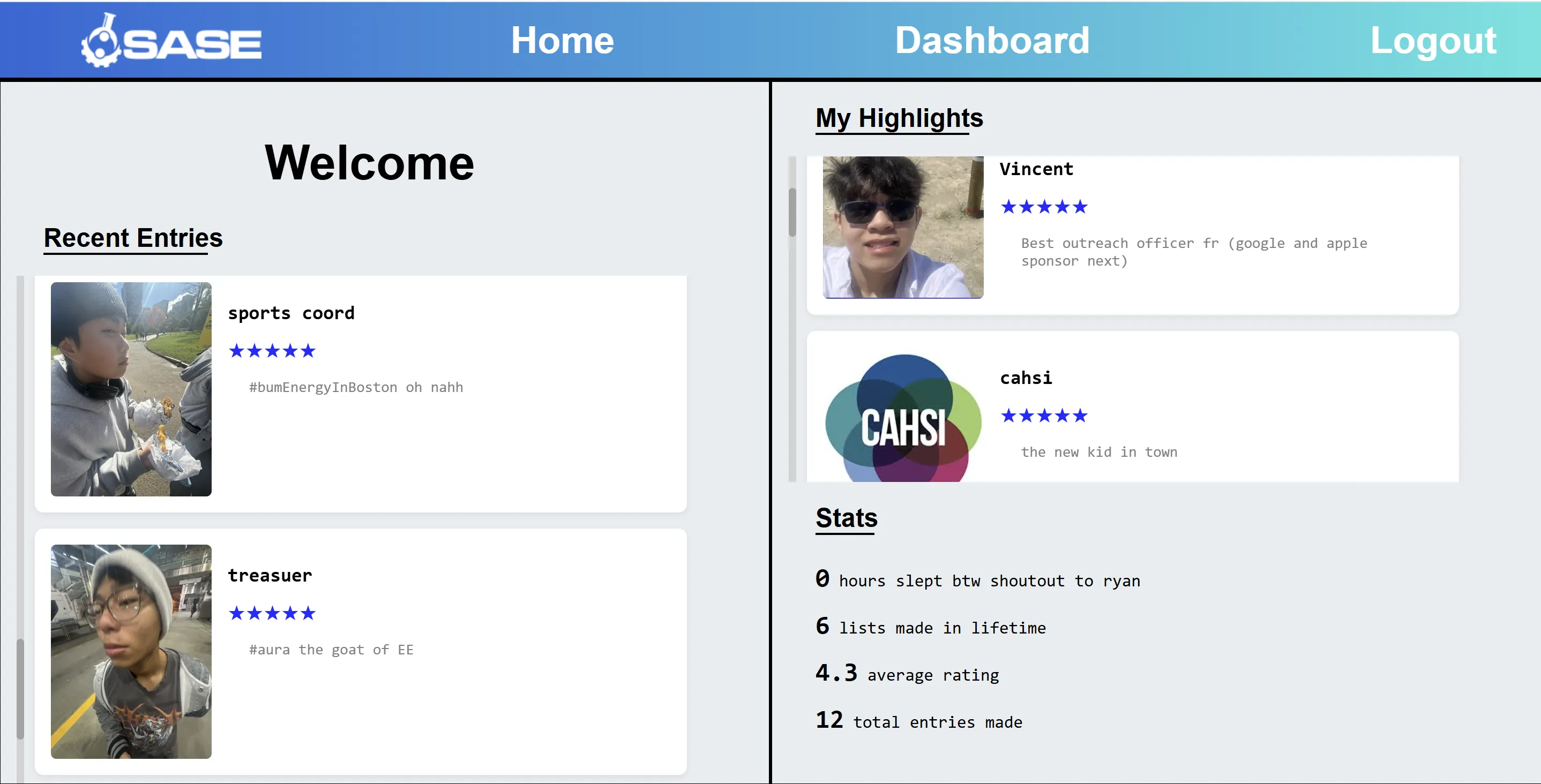 Screenshot of the home landing page showing entries and stats
