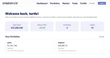 User dashboard of trading metrics and portfolios